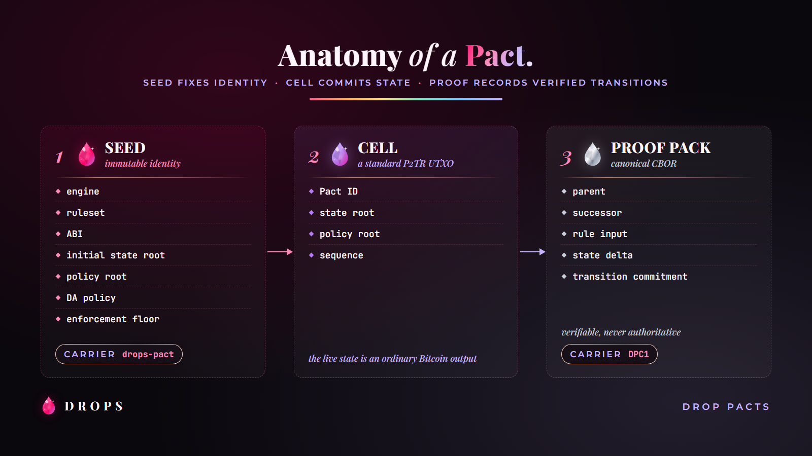 Drop Pacts anatomy showing the immutable Seed, live Cell, and canonical Proof Pack
