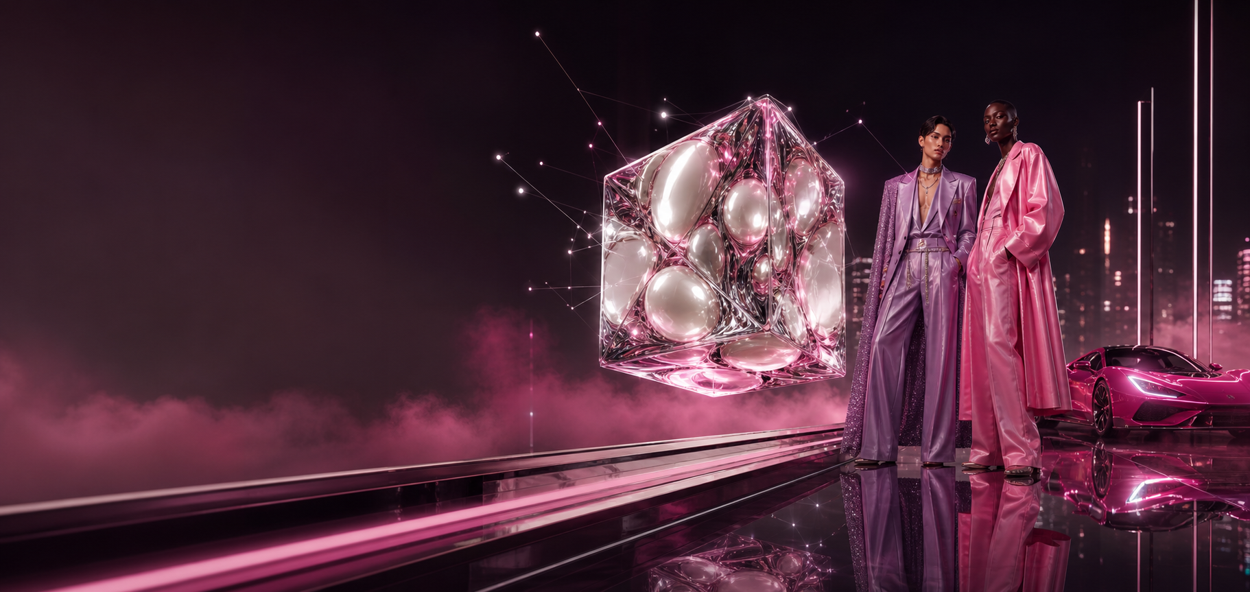 A pearl and chrome proof artifact floating in a glossy magenta runway studio