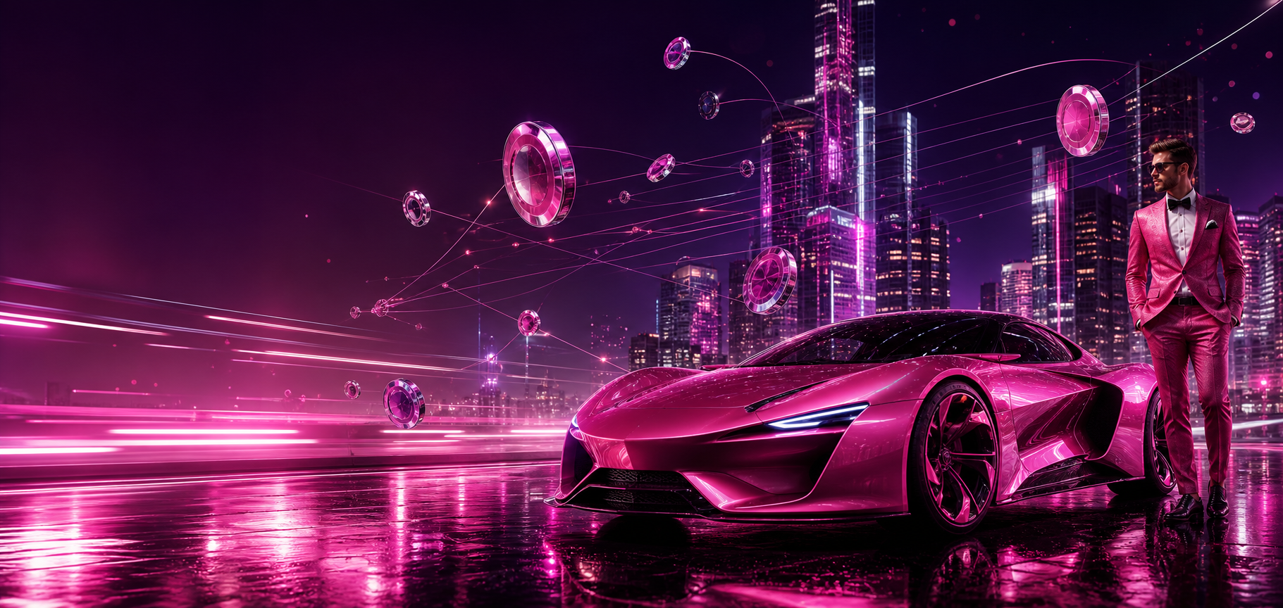 A hot-pink electric supercar gliding through a fuchsia city with abstract token discs